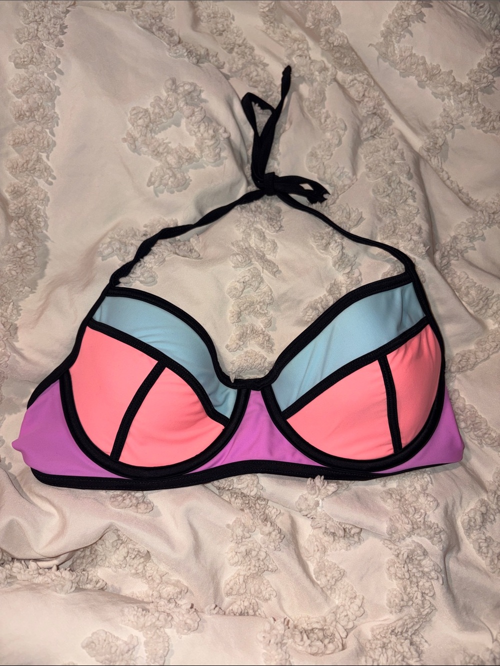 Hula Honey Colorblock Halter Bikini Top in Pink, Light Blue & Purple